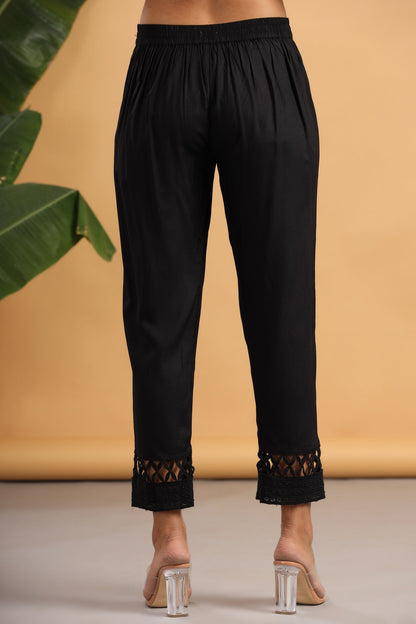 Black Rayon Solid Straight Pants