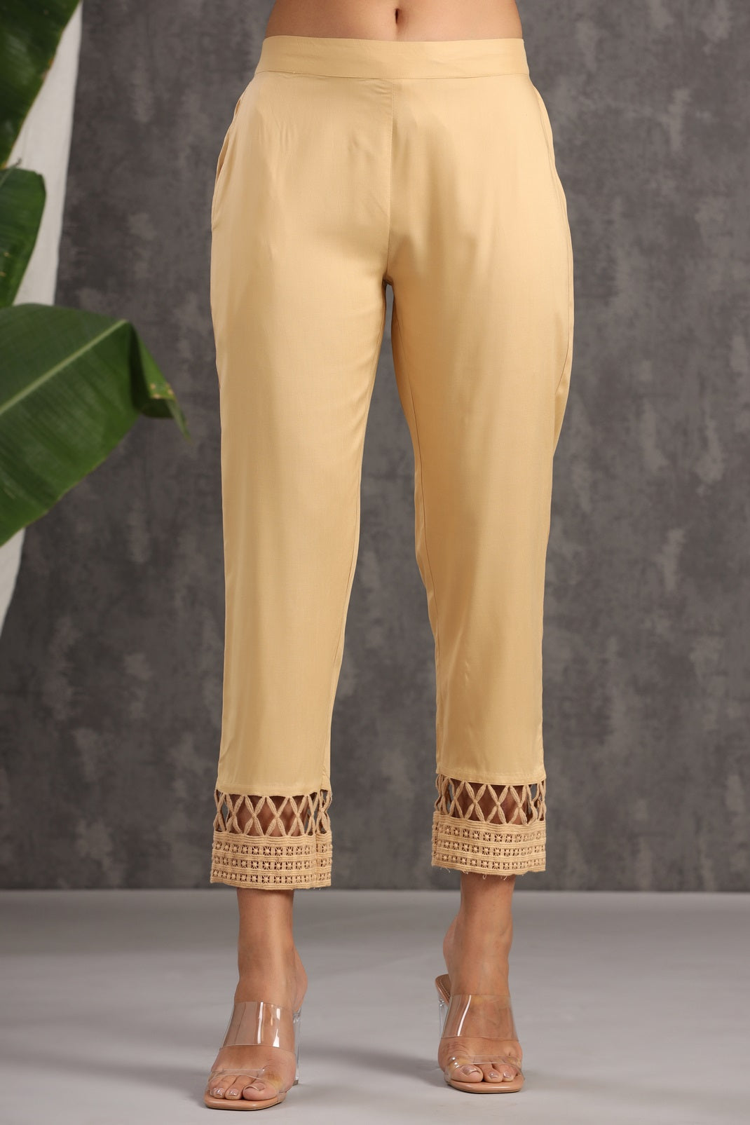 Gold Rayon Solid Straight Pants
