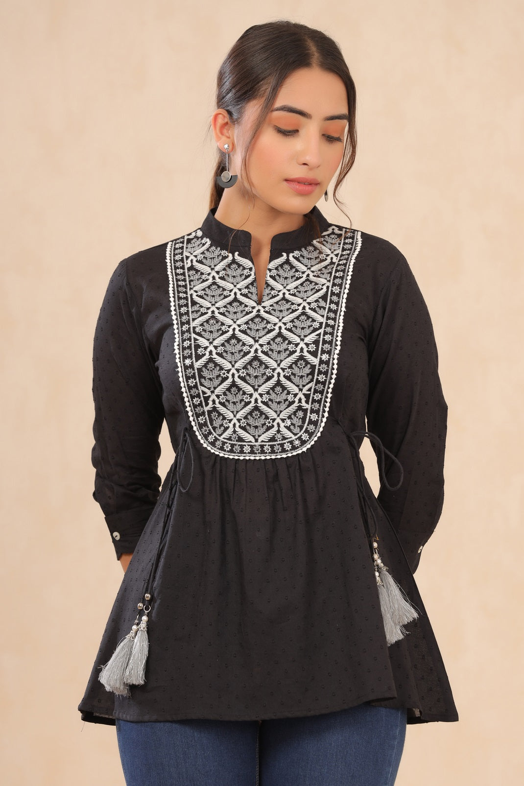 Black Cotton Moss Embroidered A-Line Tunic