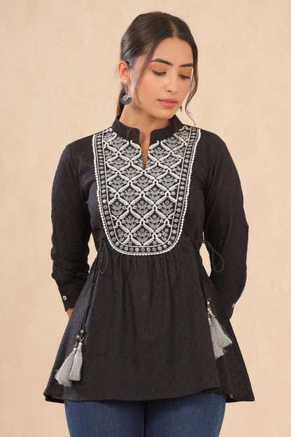 Black Cotton Moss Embroidered A-Line Tunic