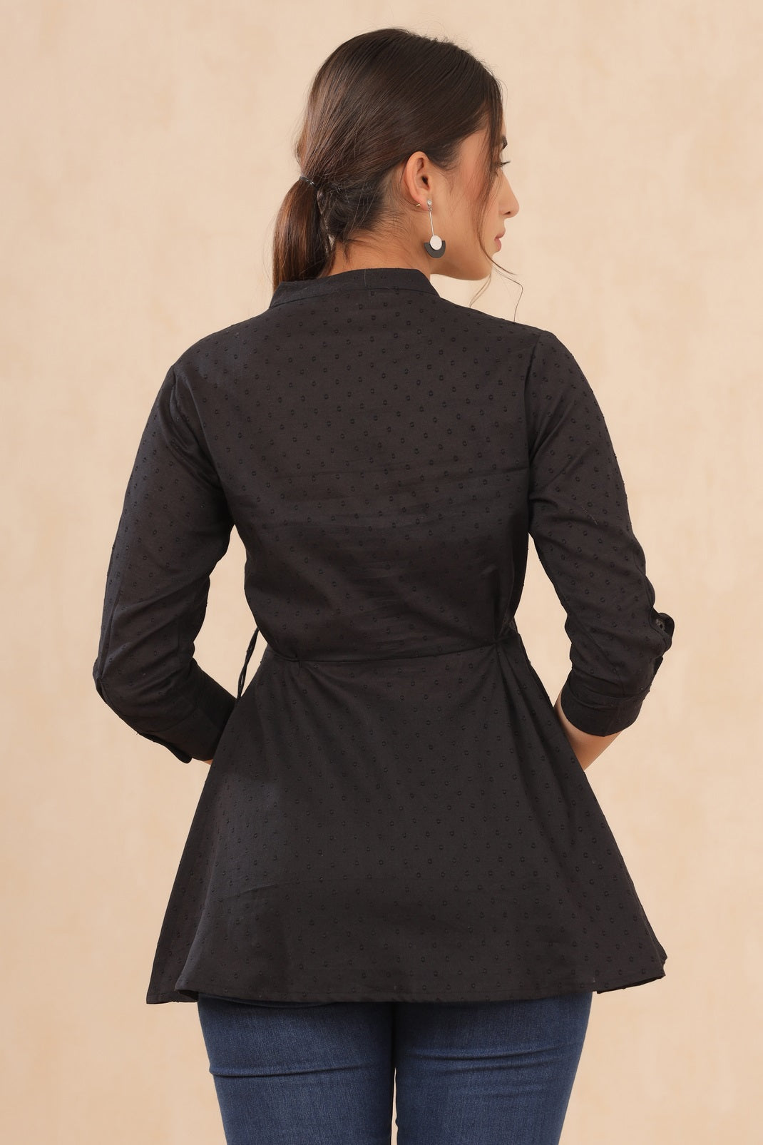 Black Cotton Moss Embroidered A-Line Tunic