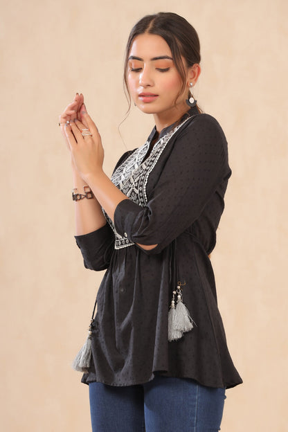 Black Cotton Moss Embroidered A-Line Tunic
