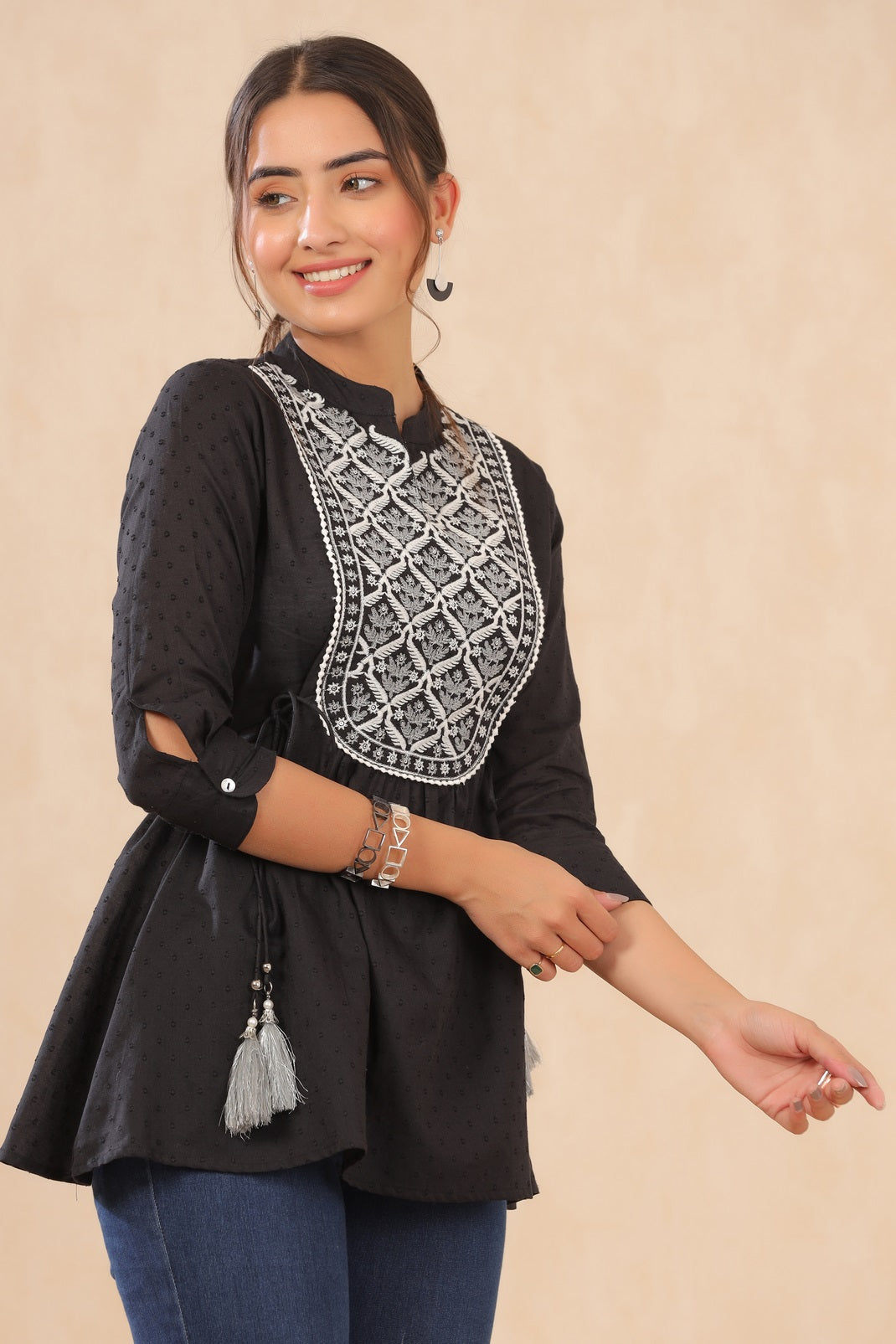 Black Cotton Moss Embroidered A-Line Tunic