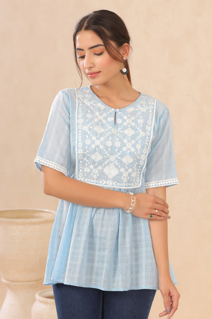 Skyblue Cotton Dobby Embroidered A-Line Tunic