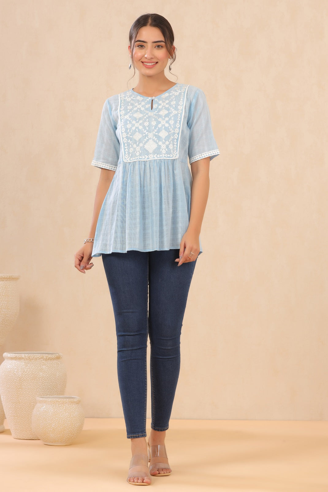 Skyblue Cotton Dobby Embroidered A-Line Tunic
