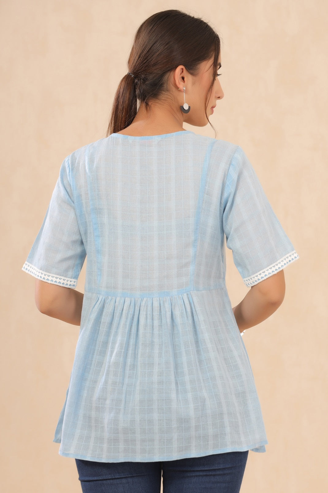 Skyblue Cotton Dobby Embroidered A-Line Tunic