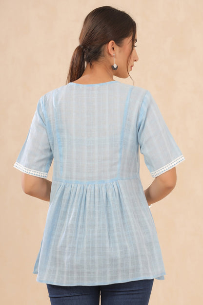 Skyblue Cotton Dobby Embroidered A-Line Tunic