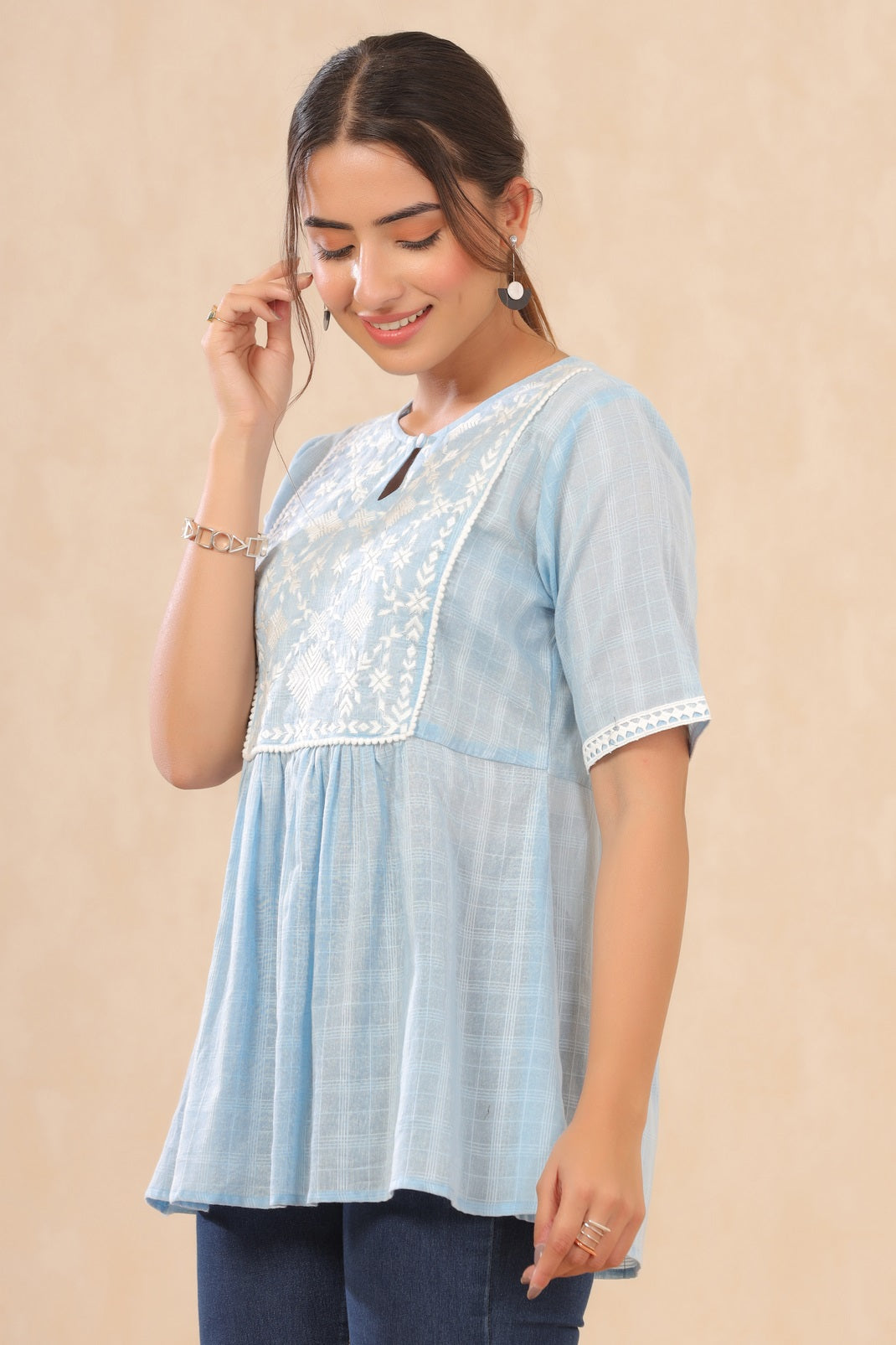 Skyblue Cotton Dobby Embroidered A-Line Tunic