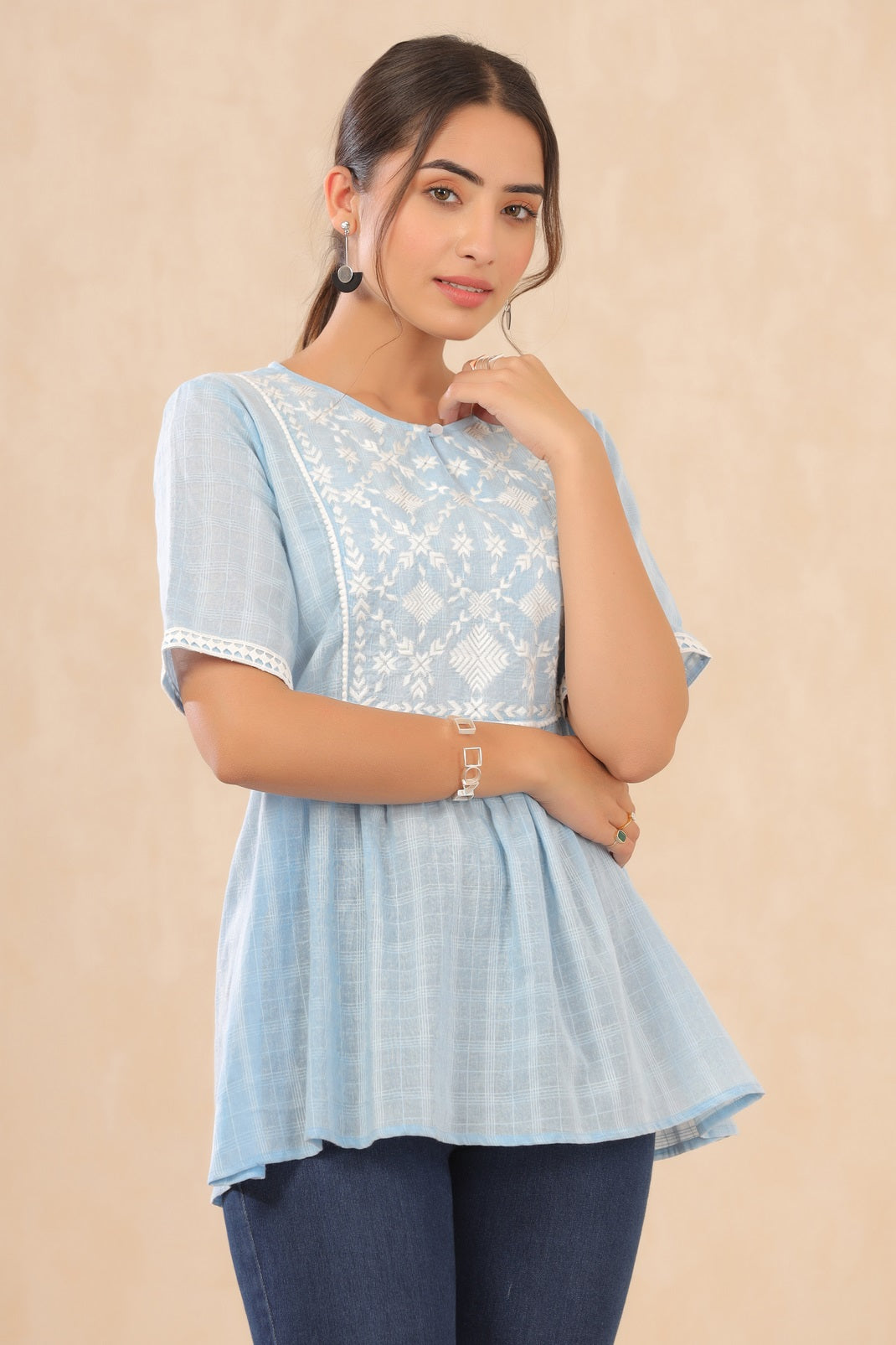 Skyblue Cotton Dobby Embroidered A-Line Tunic