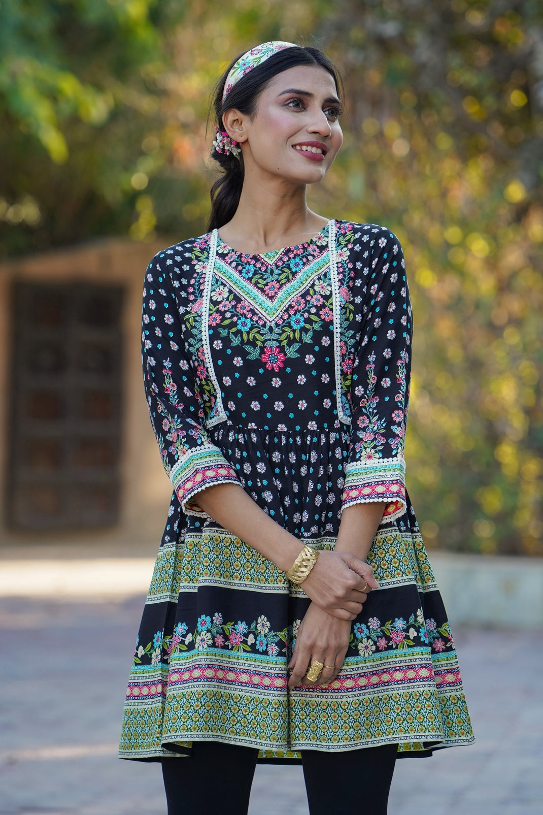 Black Rayon Printed Peplum Tunic