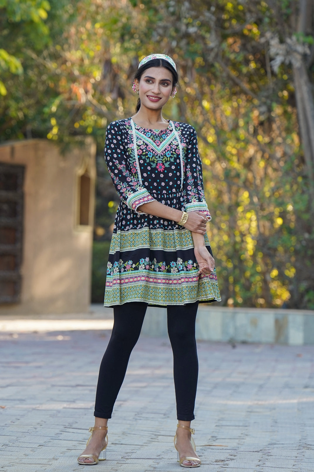 Black Rayon Printed Peplum Tunic