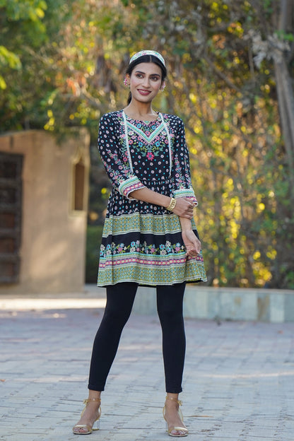 Black Rayon Printed Peplum Tunic