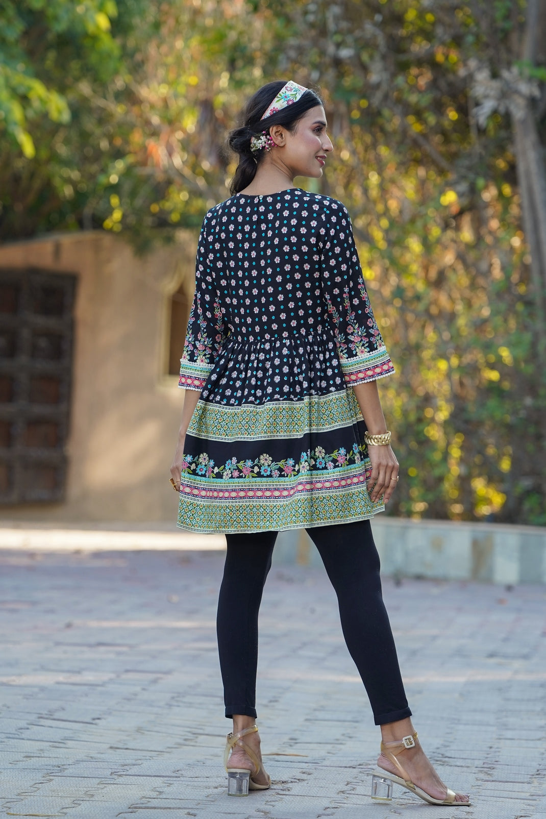 Black Rayon Printed Peplum Tunic