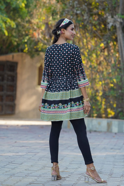 Black Rayon Printed Peplum Tunic