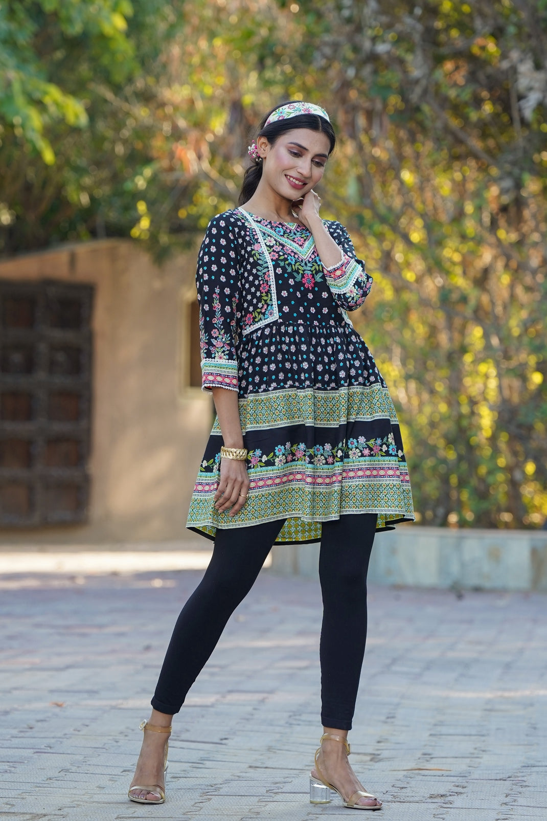 Black Rayon Printed Peplum Tunic