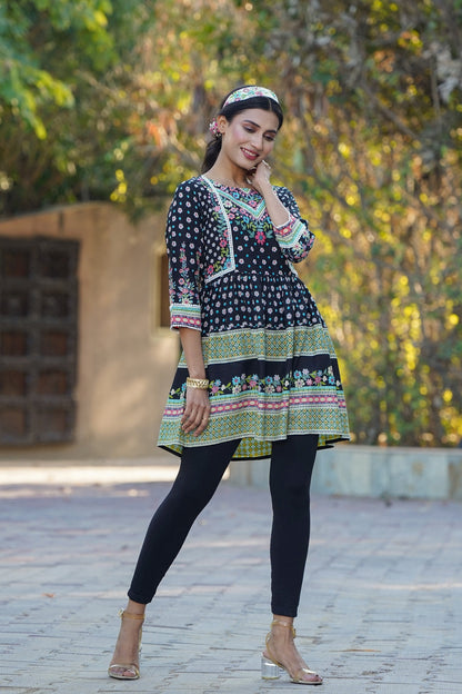 Black Rayon Printed Peplum Tunic