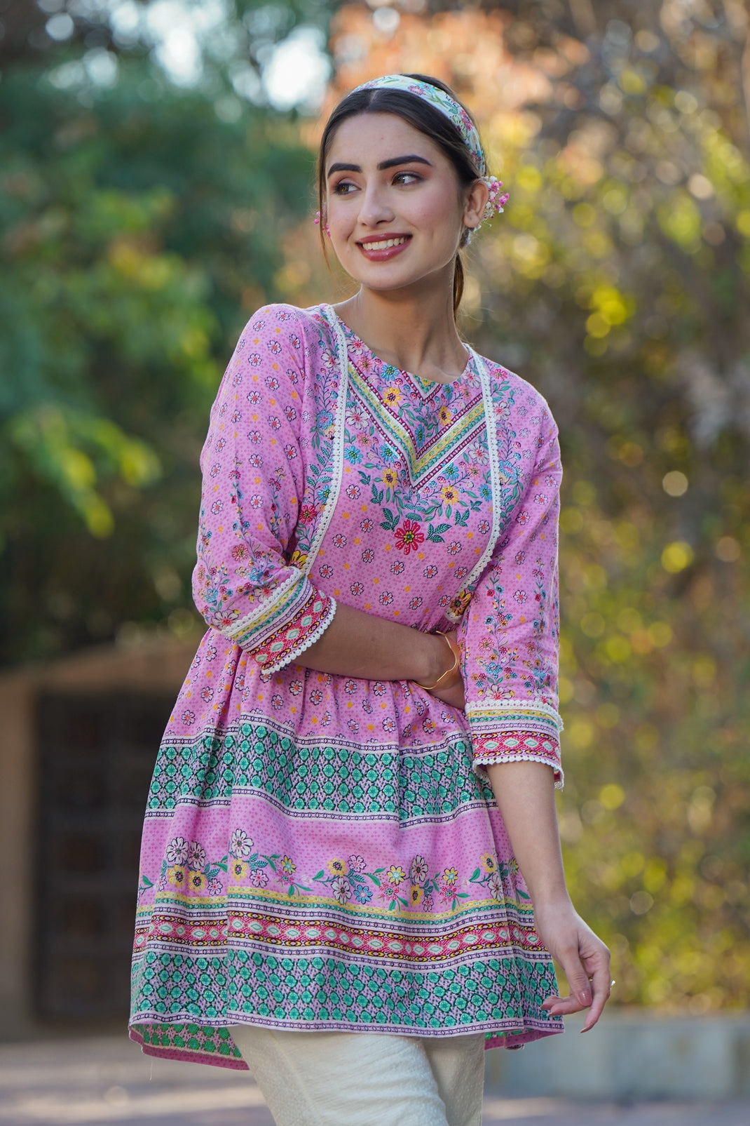 Pink Rayon Printed Peplum Tunic