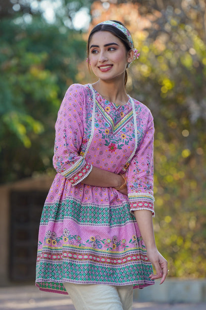 Pink Rayon Printed Peplum Tunic