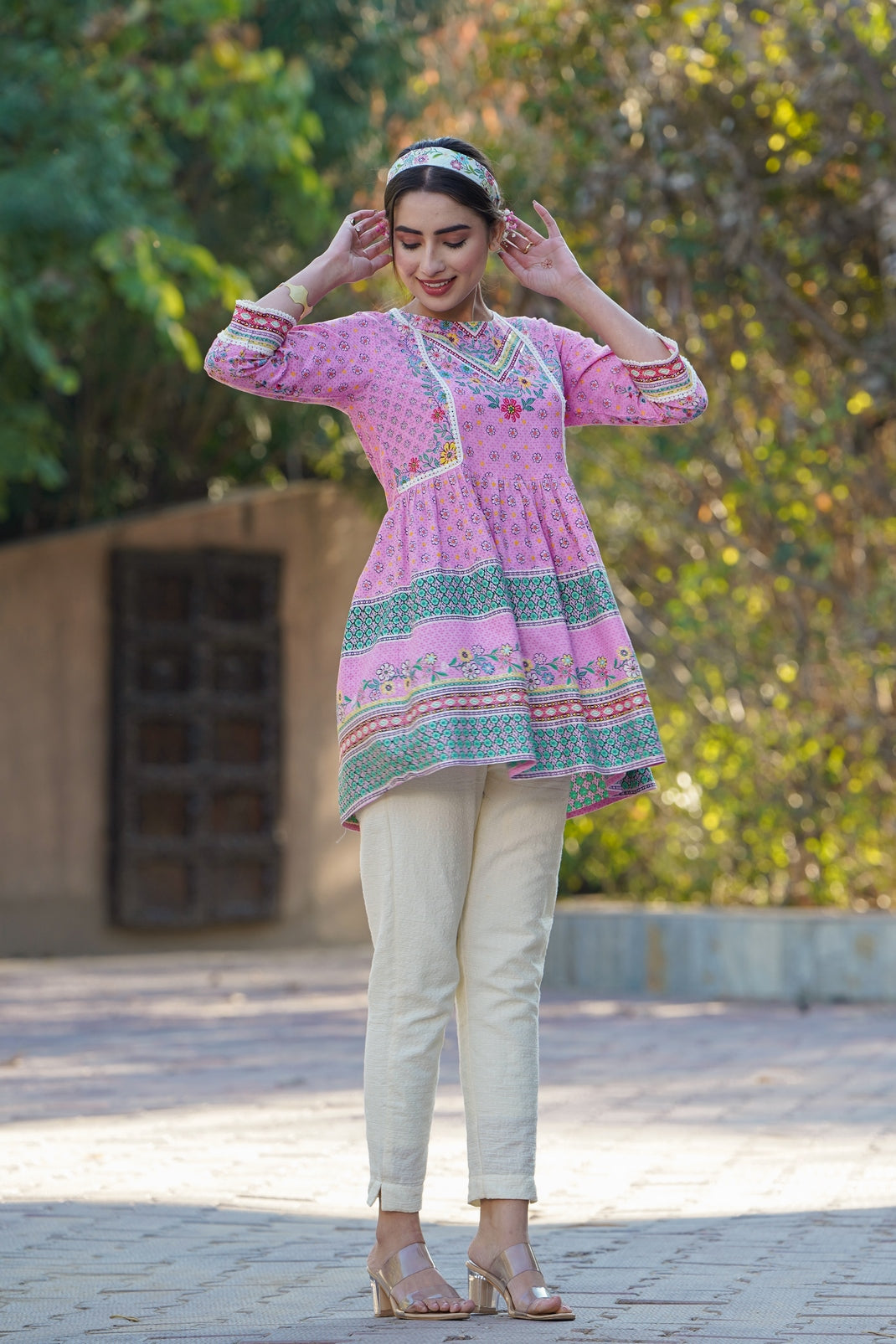 Pink Rayon Printed Peplum Tunic