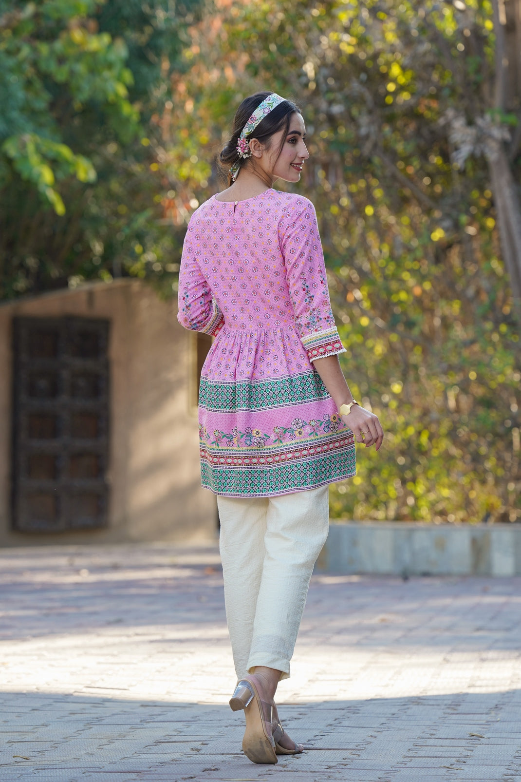 Pink Rayon Printed Peplum Tunic