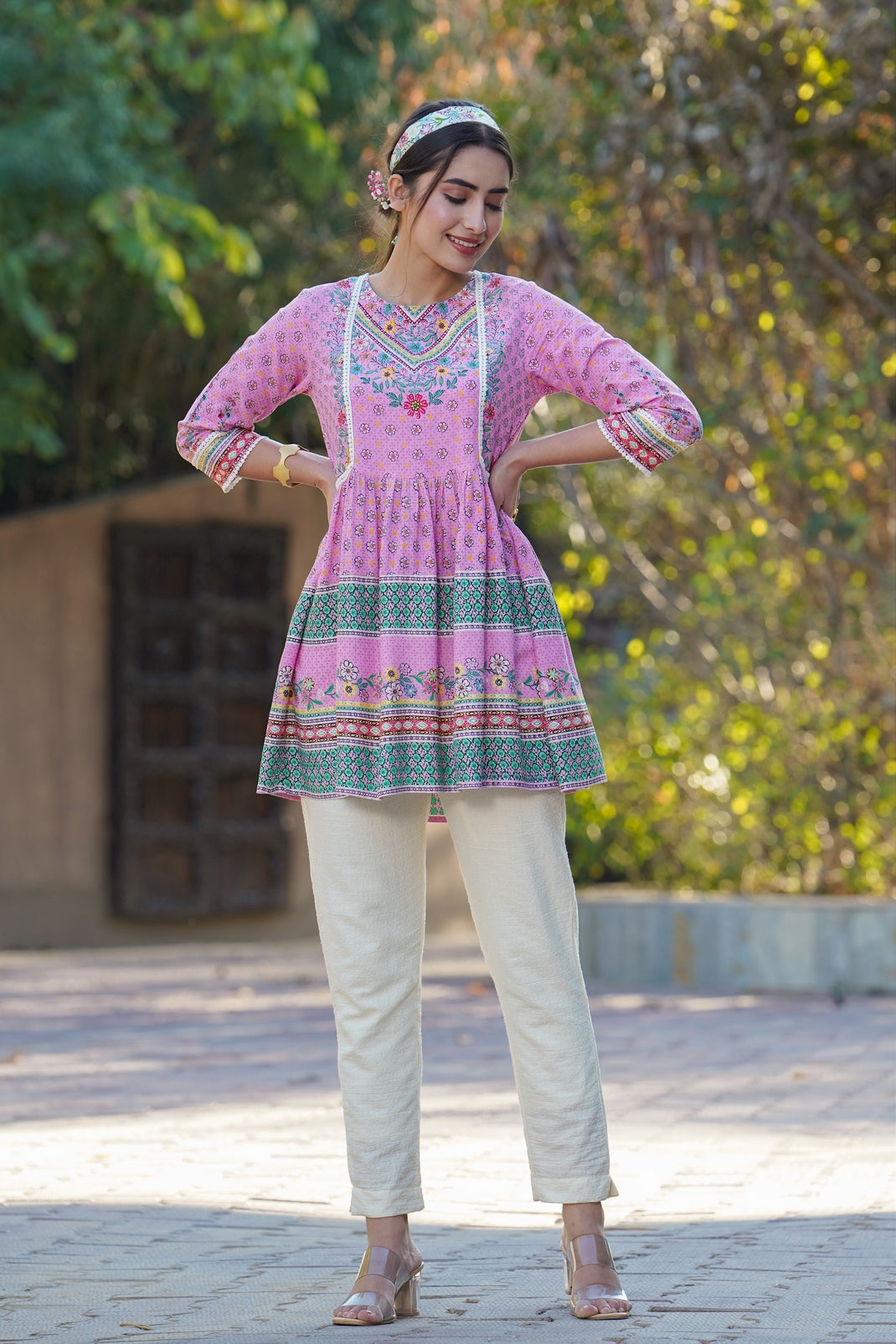 Pink Rayon Printed Peplum Tunic