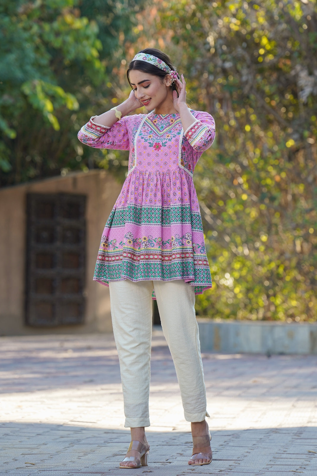 Pink Rayon Printed Peplum Tunic