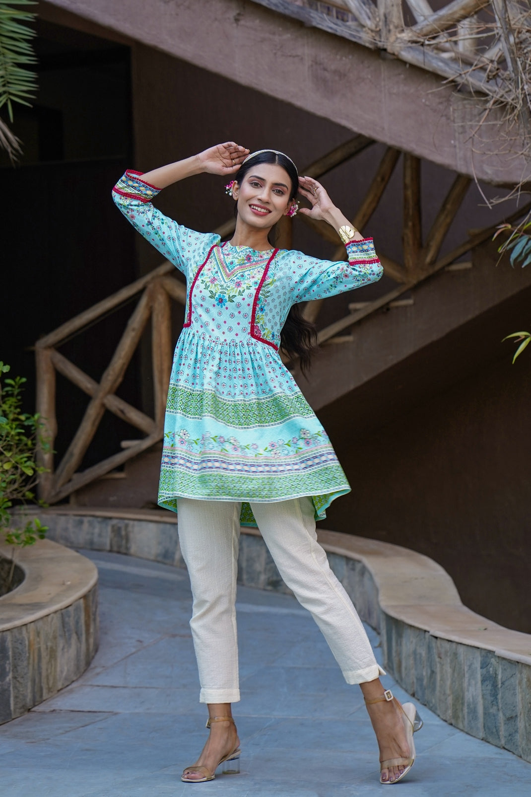 Skyblue Rayon Printed Peplum Tunic