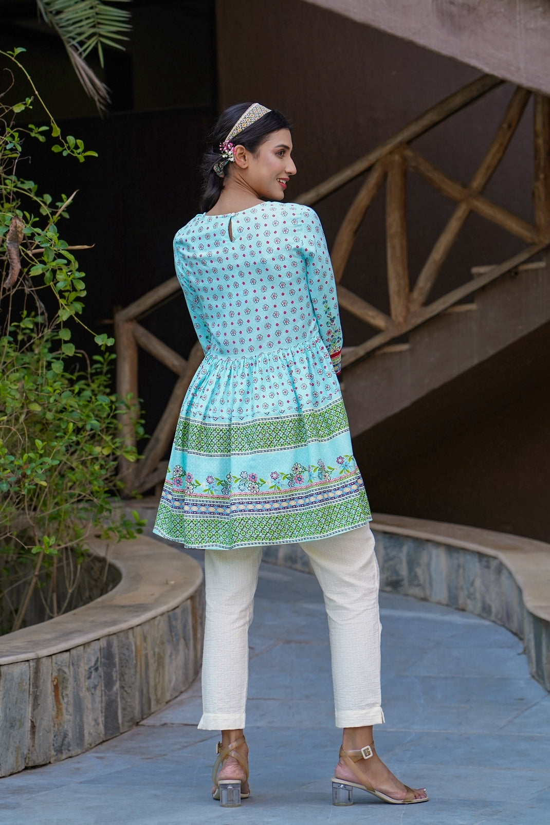 Skyblue Rayon Printed Peplum Tunic