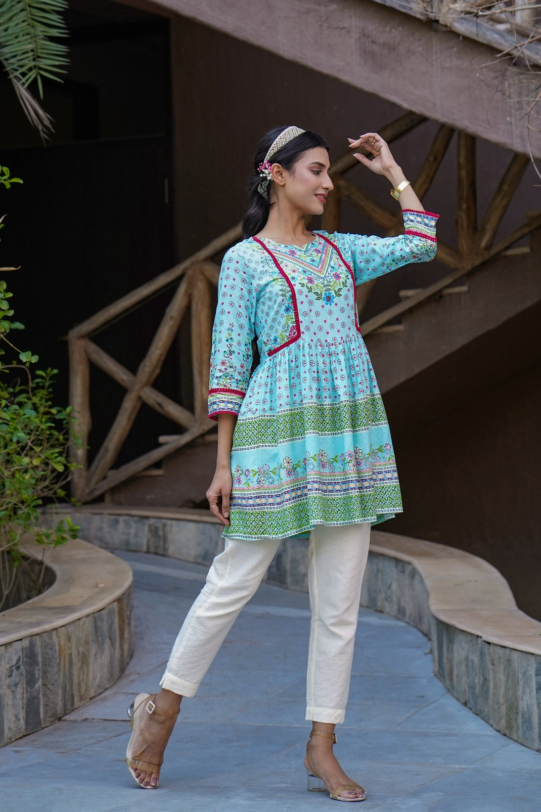 Skyblue Rayon Printed Peplum Tunic