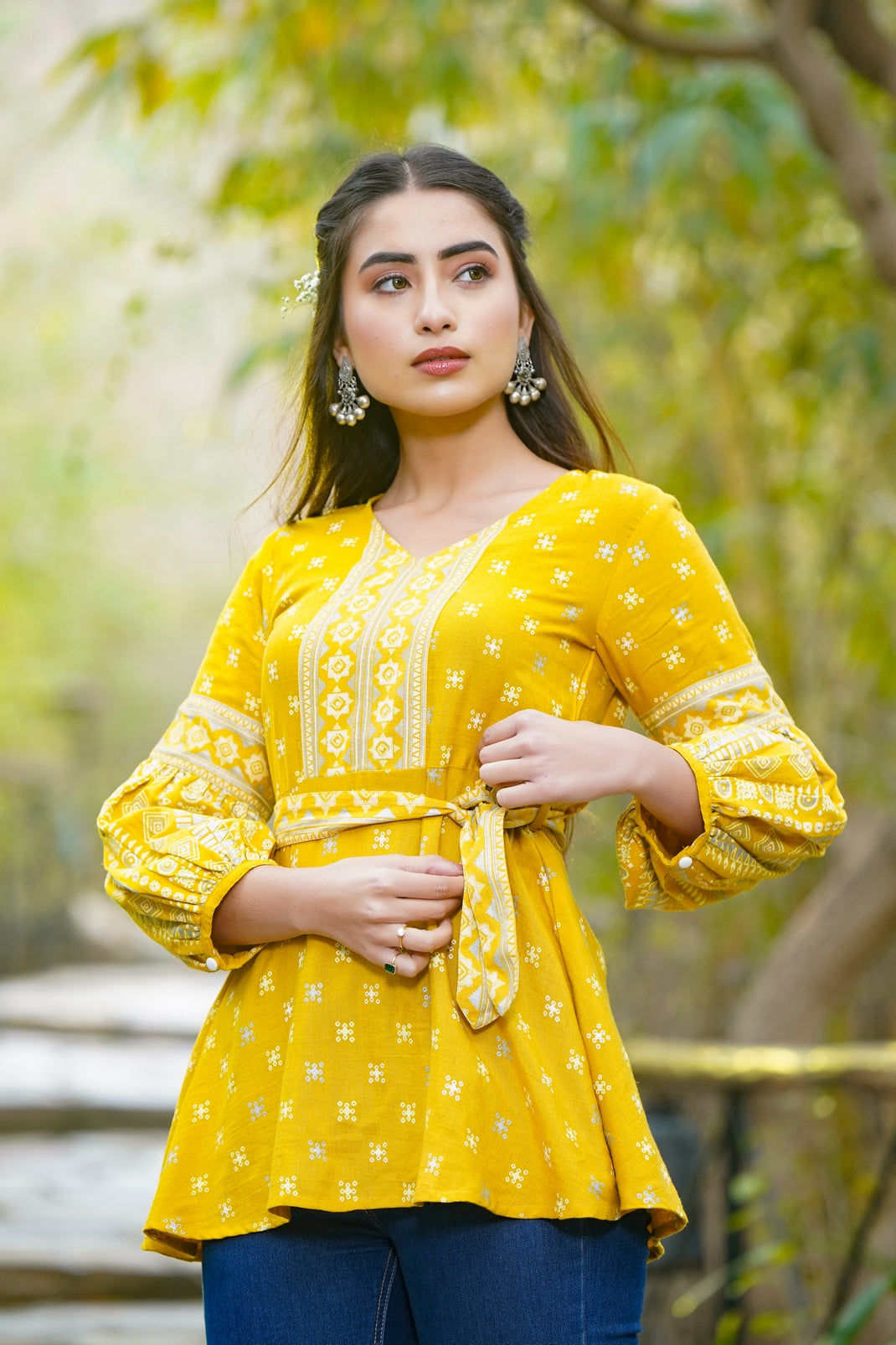 Mustard Rayon Flex Printed A-Line Tunic with Belt