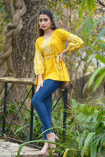 Mustard Rayon Flex Printed A-Line Tunic with Belt