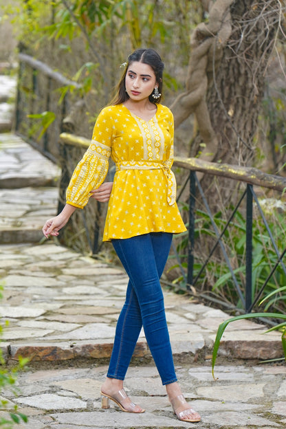 Mustard Rayon Flex Printed A-Line Tunic with Belt