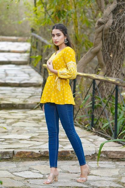 Mustard Rayon Flex Printed A-Line Tunic with Belt