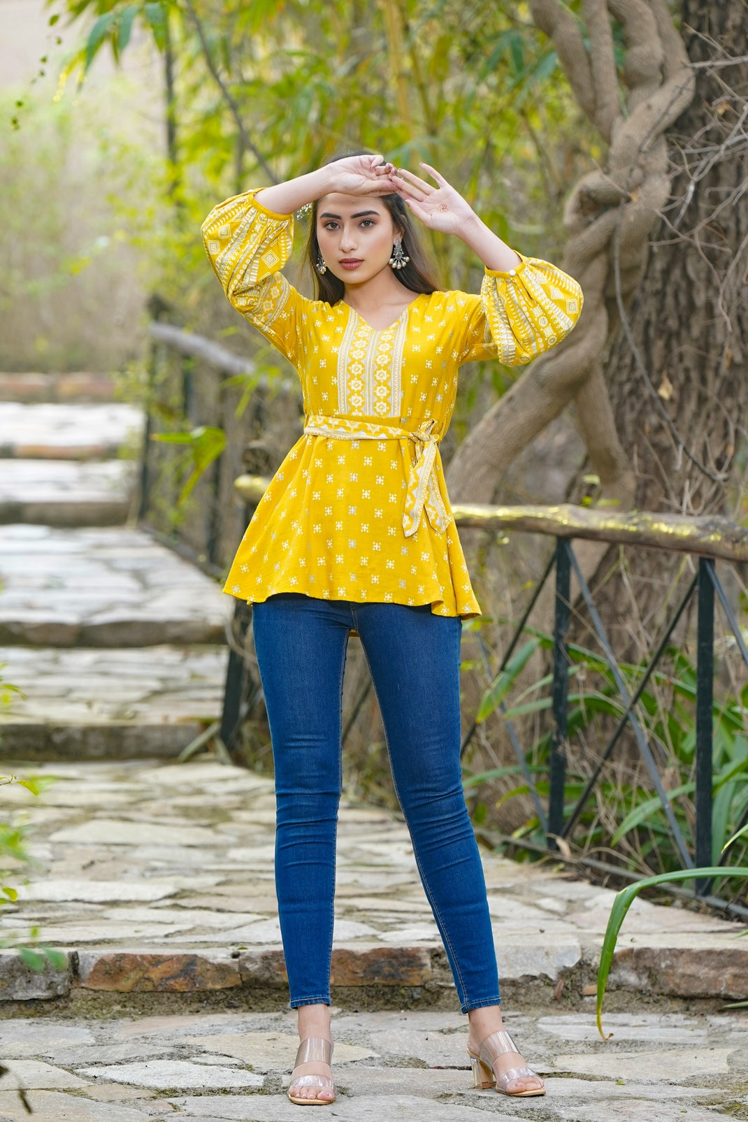 Mustard Rayon Flex Printed A-Line Tunic with Belt