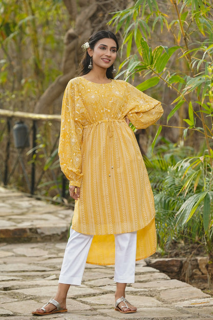 Yellow Georgette Printed High-Low Tunic with Slip