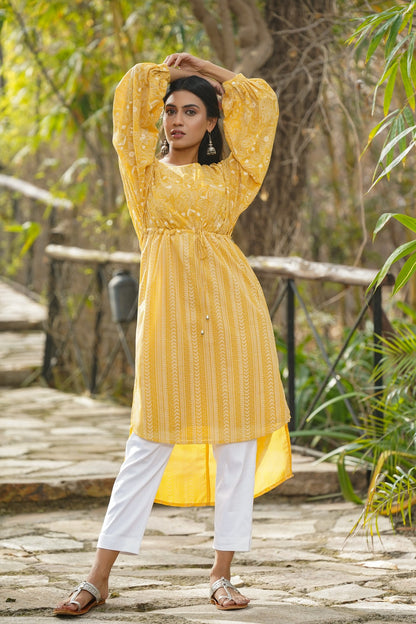Yellow Georgette Printed High-Low Tunic with Slip