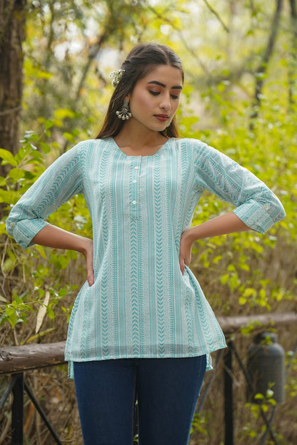 Blue & Multi Georgette Printed High-Low Tunic