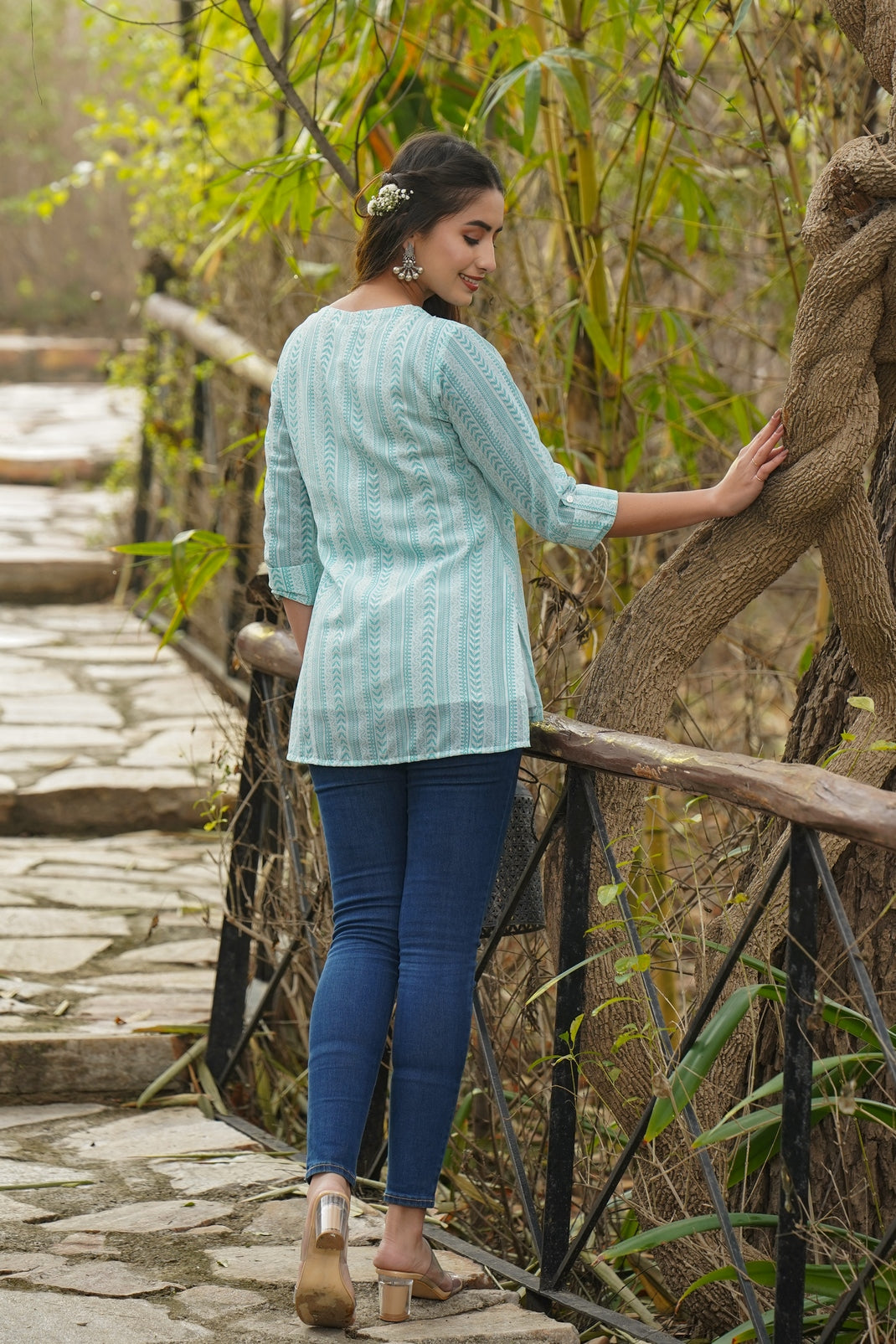 Blue & Multi Georgette Printed High-Low Tunic