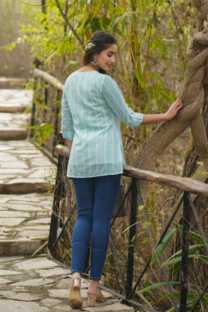 Blue & Multi Georgette Printed High-Low Tunic