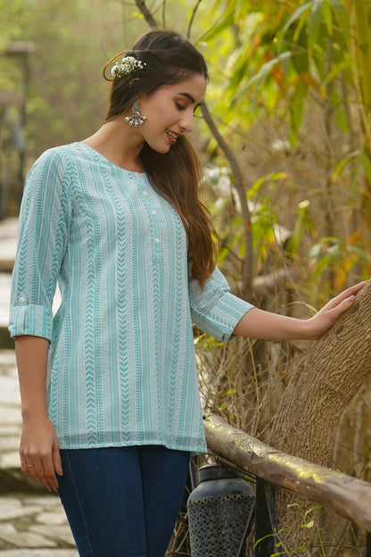 Blue & Multi Georgette Printed High-Low Tunic