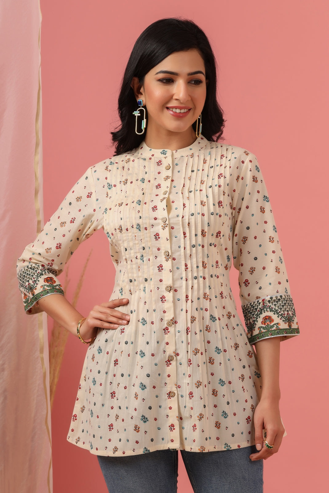 Women`s Ivory Cambric Printed Straight Tunic