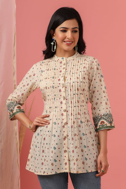 Women`s Ivory Cambric Printed Straight Tunic