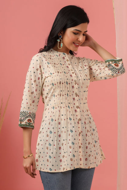 Women`s Ivory Cambric Printed Straight Tunic