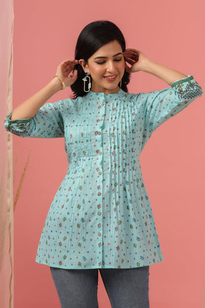 Women`s Skyblue Cambric Printed Straight Tunic