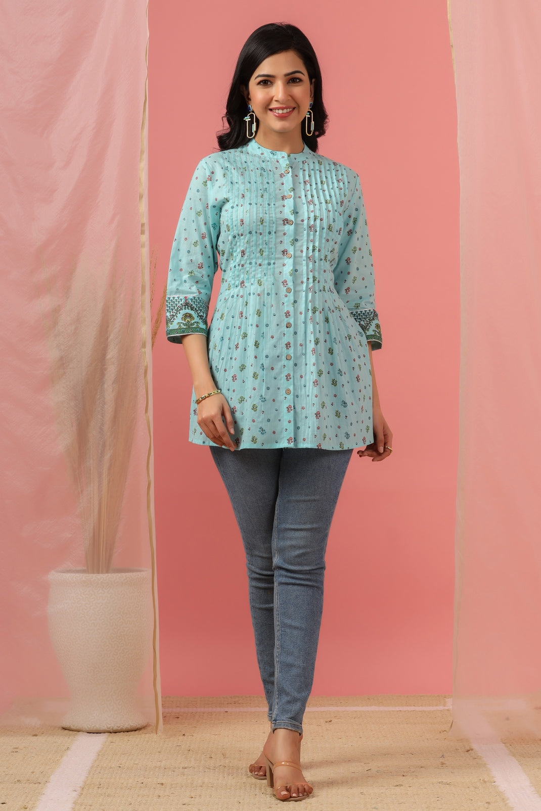 Women`s Skyblue Cambric Printed Straight Tunic