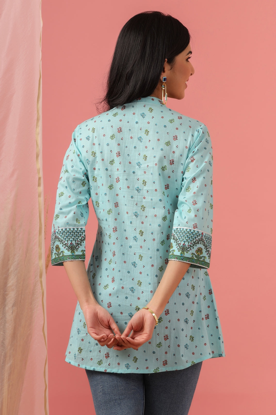 Women`s Skyblue Cambric Printed Straight Tunic
