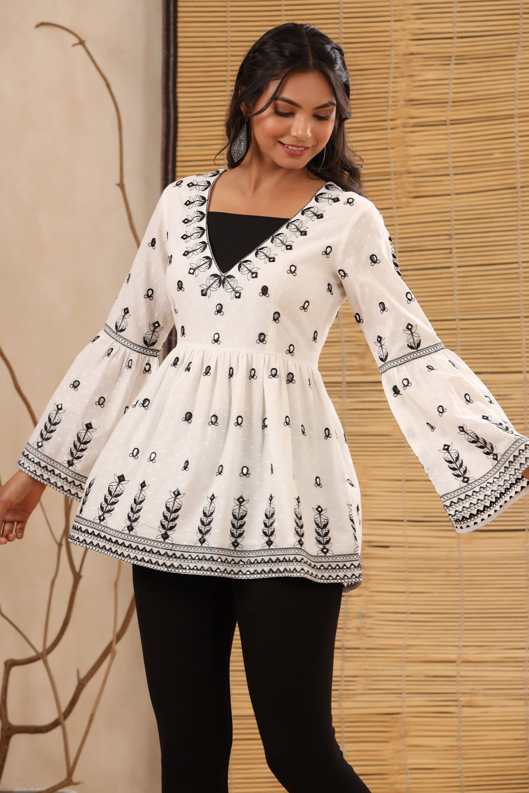 Women`s White Cotton Dobby Embroidered Peplum Tunic
