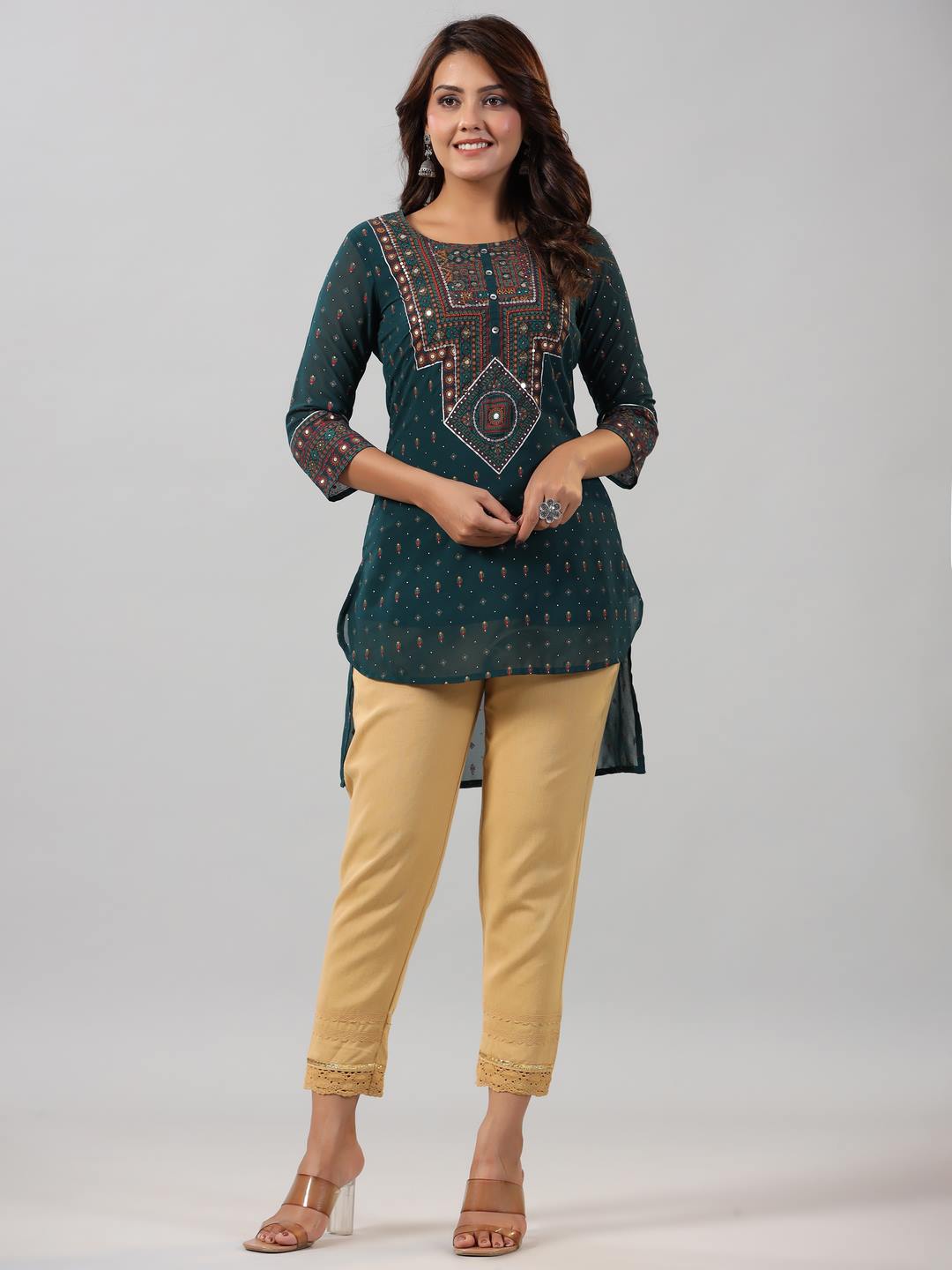 Green Georgette Printed High-Low Straight Tunic