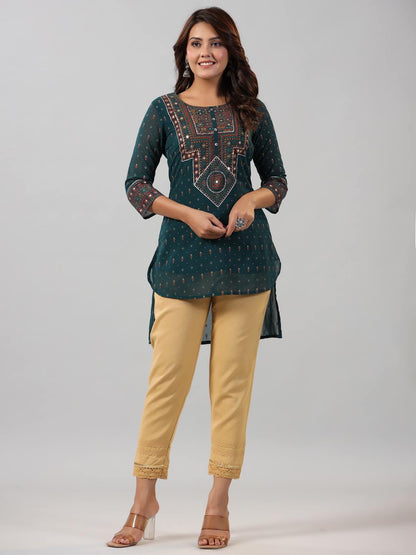 Green Georgette Printed High-Low Straight Tunic