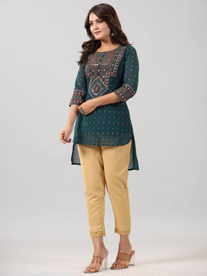 Green Georgette Printed High-Low Straight Tunic